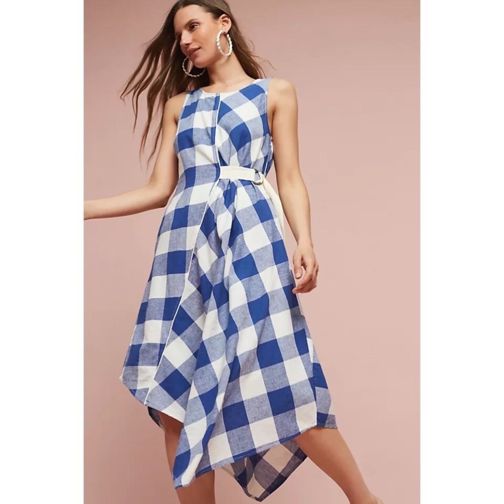 Anthropologie Maeve Belted Gingham Blue and White Dress